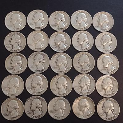Set of 25 1950-59 U.S. Mint Washington Silver Quarters Circulated (60)