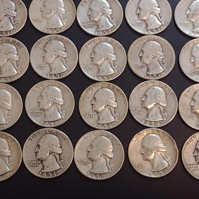 Set of 25 1950-59 U.S. Mint Washington Silver Quarters Circulated (60)