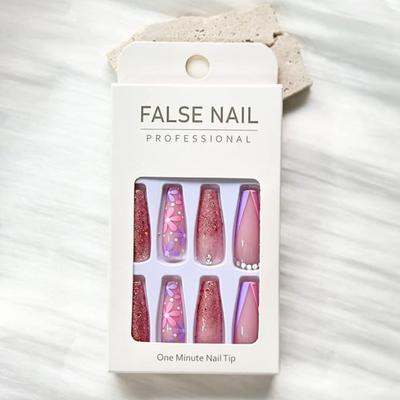 A - Long Press on Nails Coffin Glue on Nails Full Cover Glitter Design Rhinestones Fake Nails Cute Flower Stick on Nails Spring Acrylic...