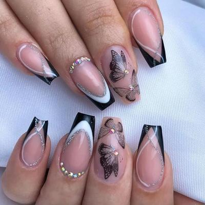 N - Butterfly Press on Nails Medium Fake Nails Full Cover Glitter Designs Rhinestones Glue on Nails Black French Tip Almond Artificial...