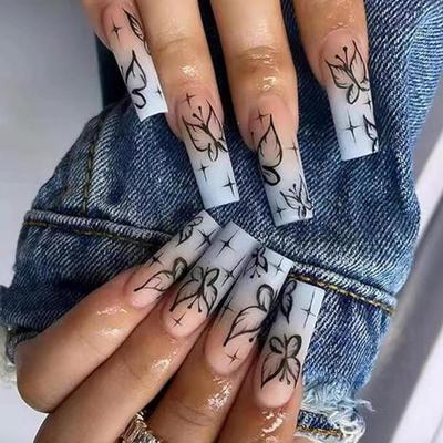T - Butterfly Press on Nails Long Coffin Fake Nails Full Cover Matte Artificial Nail Glue on Nails Spring Acrylic Nails for Women and...