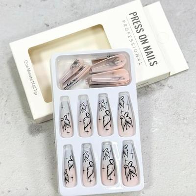 T - Butterfly Press on Nails Long Coffin Fake Nails Full Cover Matte Artificial Nail Glue on Nails Spring Acrylic Nails for Women and...