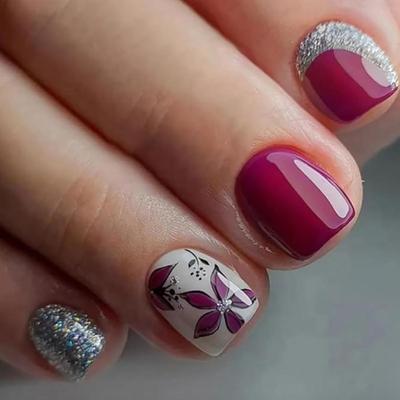 U - 24Pcs Square Press on Nails Short False Nails Glitter Hypotenuse Designs False Nails with Cute Flower Acrylic Glue on Nails Glossy...