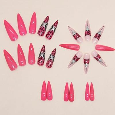 CC - Almond Press on Nails Fake Nails Medium Long Length with Pink Red Leopard Designs, Full Cover French Tip Glossy Stick Acrylic Nude...