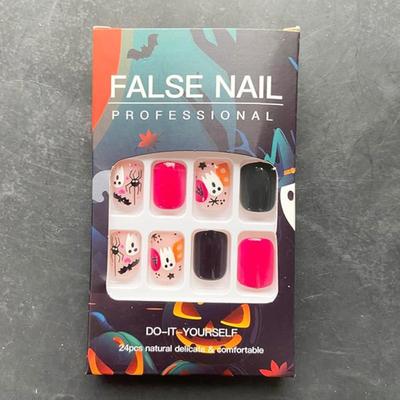FF - Short Square Press on Nails Halloween Fake Nails Glossy False Nails Pink Black Acrylic Nails Ghost Spider Artificial Nails Full...