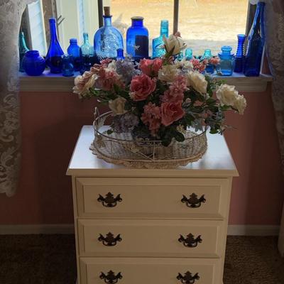 3-Drawer Nightstand w/ Lot of Blue Bottles
