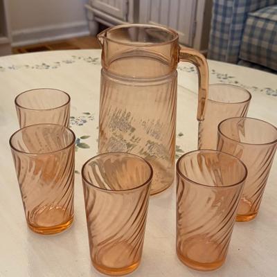 Vintage Arcoroc Rosaline Pink Swirl Pitcher w/ Tumblers