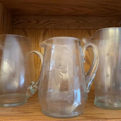 Mid Century Etched Glass Pitcher Lot