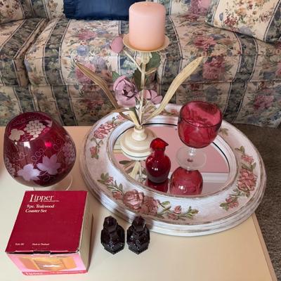 Floral Mirror and Red Glass Lot