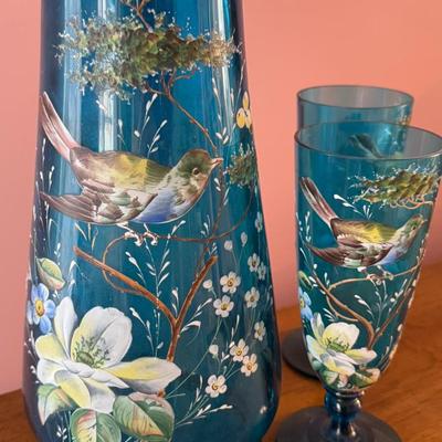 Mid Century Hand Painted Blue Glass Pitcher and Goblets Set