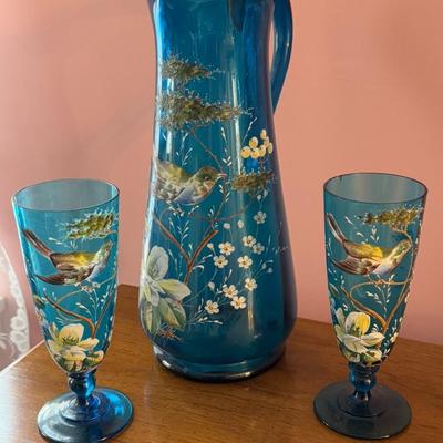 Mid Century Hand Painted Blue Glass Pitcher and Goblets Set
