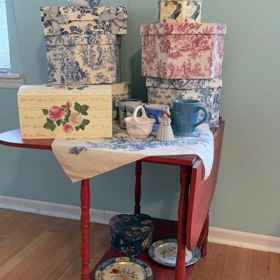 Red Drop Table and Decorative Boxes Lot