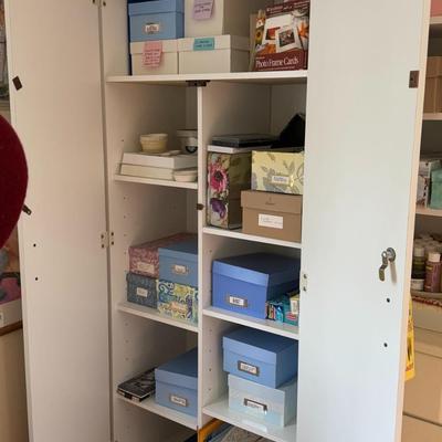 Double Door White Cabinet with Art Supply Contents