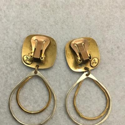 Designer Marjorie Baer signed earrings, brass clip on earrings