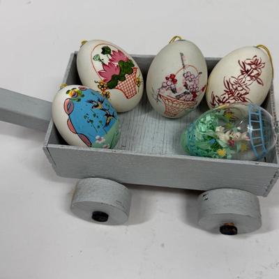 Hand Painted Real Shell Easter Eggs and 1 glass egg in wood wagon