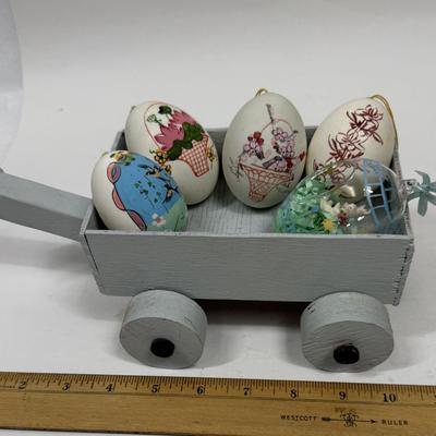Hand Painted Real Shell Easter Eggs and 1 glass egg in wood wagon