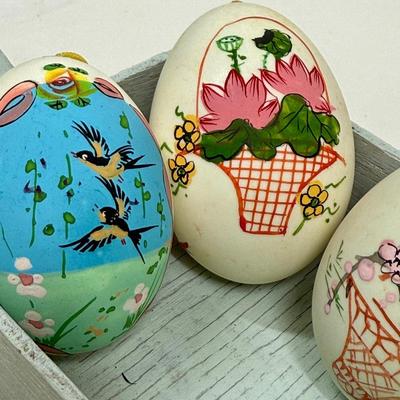 Hand Painted Real Shell Easter Eggs and 1 glass egg in wood wagon