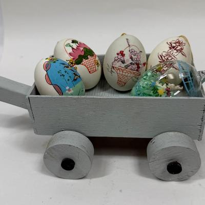 Hand Painted Real Shell Easter Eggs and 1 glass egg in wood wagon