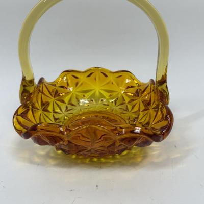 Vintage Indiana Glass Monticello Yellow Mist Amber Basket With Handle