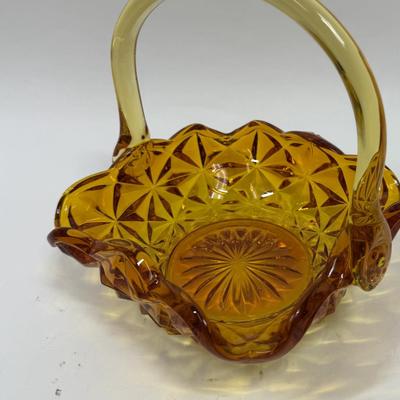 Vintage Indiana Glass Monticello Yellow Mist Amber Basket With Handle