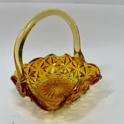 Vintage Indiana Glass Monticello Yellow Mist Amber Basket With Handle