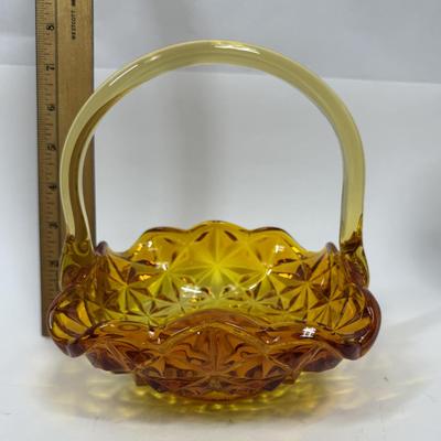 Vintage Indiana Glass Monticello Yellow Mist Amber Basket With Handle