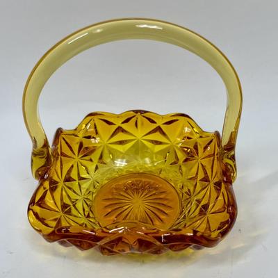 Vintage Indiana Glass Monticello Yellow Mist Amber Basket With Handle