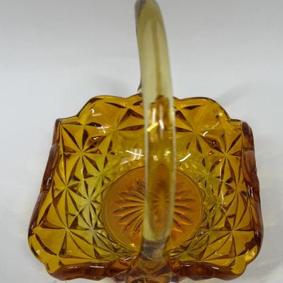 Vintage Indiana Glass Monticello Yellow Mist Amber Basket With Handle