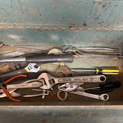 Vintage Green metal toolbox with tools