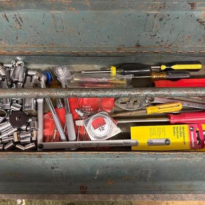 Vintage Green metal toolbox with tools