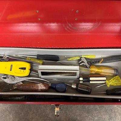 Red metal toolbox with tools