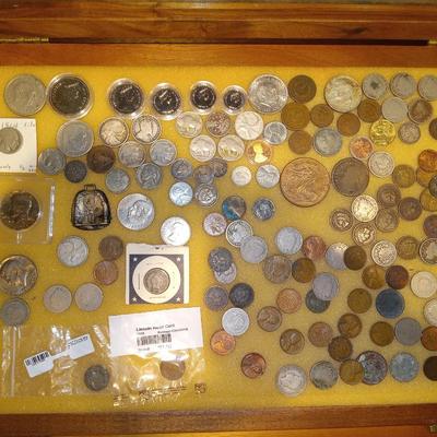 Lot of Coins in walnut coin display
