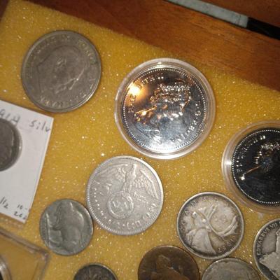 Lot of Coins in walnut coin display