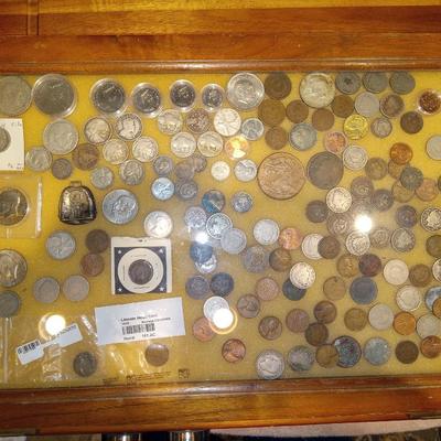 Lot of Coins in walnut coin display