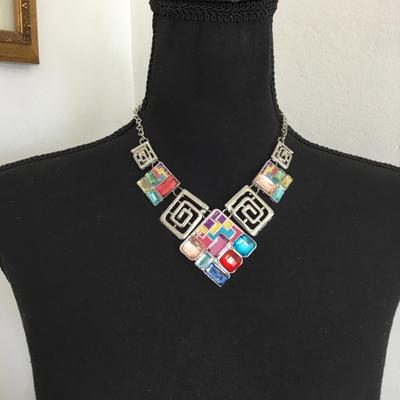 Silver tone, multicolored fashion, necklace, and earrings