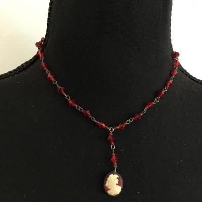 Vintage art, deco, crystal red beaded, and cameo pendant necklace