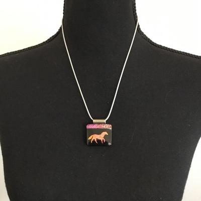 Vintage Pretty Art glass Horse pendant on silk, corded, necklace
