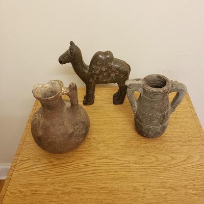 Carved Stone Camel & Pair of Pitchers (O-KD)