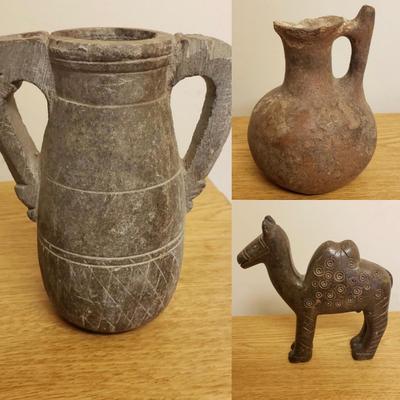 Carved Stone Camel & Pair of Pitchers (O-KD)