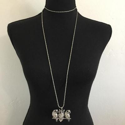 Cute vintage little owl pendant and silver chain necklace