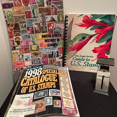 Books about stamps and vintage postage scale