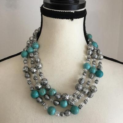 Crystal bead and Howlite bead Three strand beaded necklace
