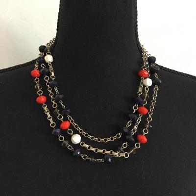Red white and blue, silver toned, multi layered necklace