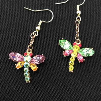Vintage rhinestone dragonfly, dangle earrings