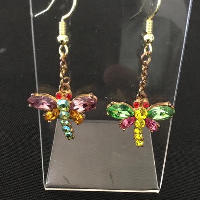Vintage rhinestone dragonfly, dangle earrings