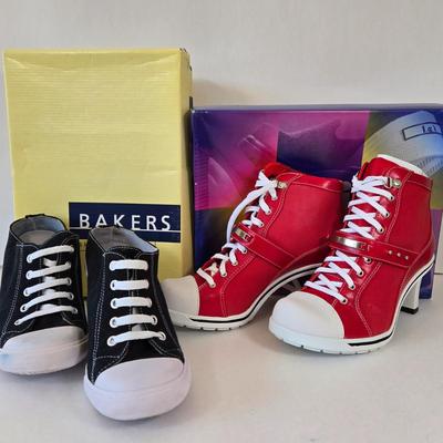 LOT 7A: New In Box l.e.i. Heeled Sneakers Size 7.5 & Slightly Worn Bakers Heeled Sneakers Size 7
