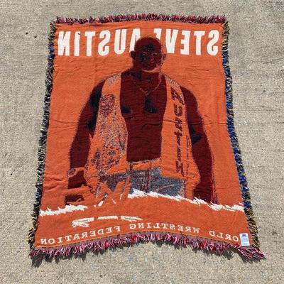 LOT 27 B: Northwest Co. WWF The Rock & Stone Cold Steve Austin Woven Throw Blankets w/ 1998 WCW Pillowcase & Goldberg Throw Pillow