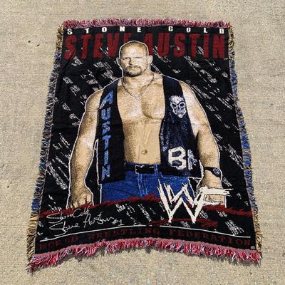 LOT 27 B: Northwest Co. WWF The Rock & Stone Cold Steve Austin Woven Throw Blankets w/ 1998 WCW Pillowcase & Goldberg Throw Pillow