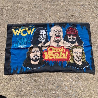 LOT 27 B: Northwest Co. WWF The Rock & Stone Cold Steve Austin Woven Throw Blankets w/ 1998 WCW Pillowcase & Goldberg Throw Pillow
