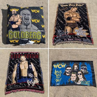 LOT 27 B: Northwest Co. WWF The Rock & Stone Cold Steve Austin Woven Throw Blankets w/ 1998 WCW Pillowcase & Goldberg Throw Pillow